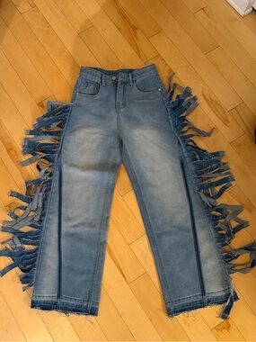 Boho Fringe Wide Leg Jeans Festival Western Denim Pants S